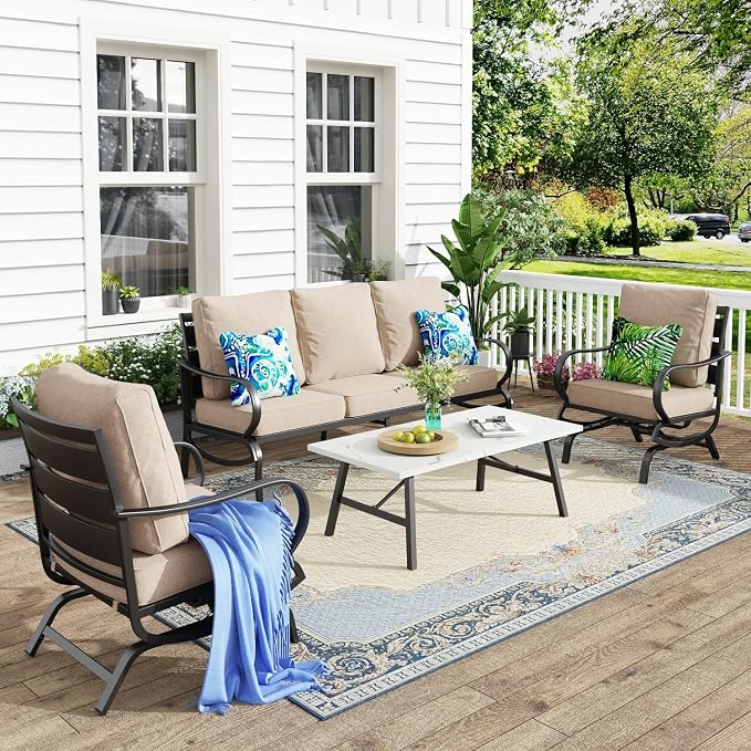 MFSTUDIO 4 Pieces Patio Conversation Sets(5 Seat),Outdoor Metal Furniture Sofas with 1 Loveseat(3 Seat), 2 Rocking Chairs,1 Coffee Table,Wrought Iron with Beige Cushion for Patio Courtyard Balcony