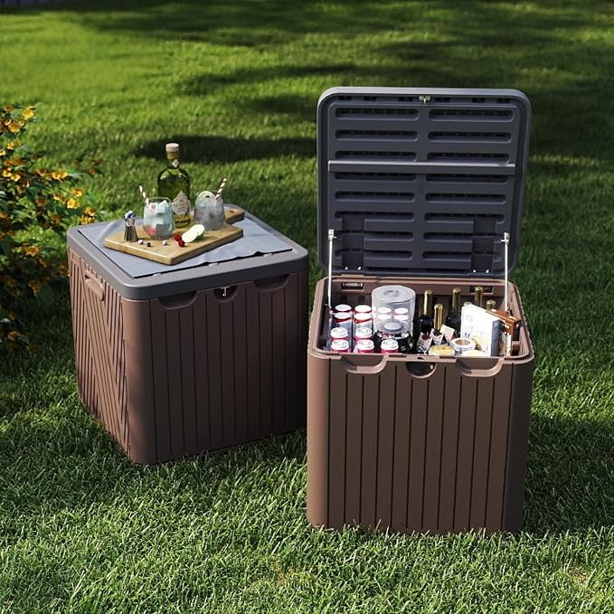 60 Gallon Outdoor Storage Box, Waterproof Patio Deck Box with Lockable Lid, Heavy-Duty HDPE Bench for Garden Tools, Cushions (Brown)