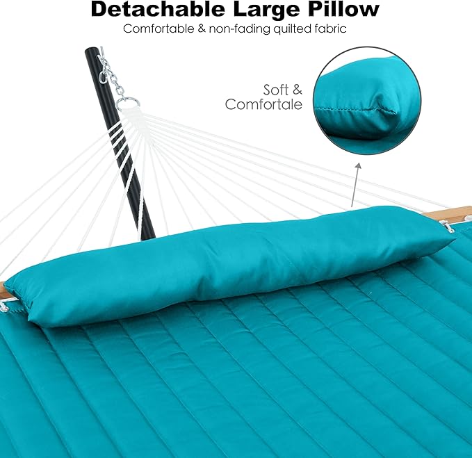 GAFETE Hammock 2 Person Quilted Fabric Hammocks for Outside, Double 12ft Hammocks with Spreader Bar, Large Removable Pillow, Storage Bag, Carabiners, Max 475 lbs Capacity (Canyon Creek Aqua)
