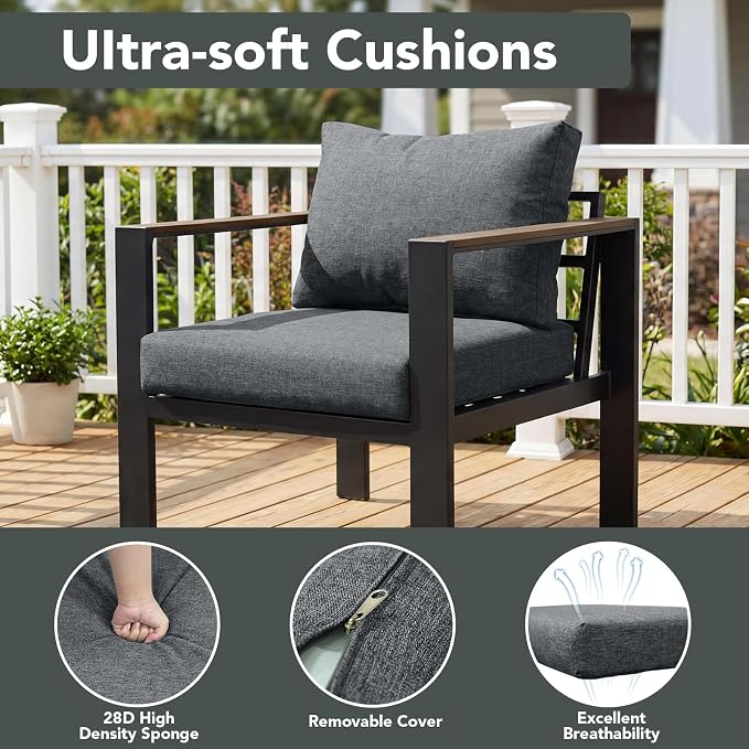 Outdoor Patio Furniture Set Loveseat and Coffee Table with Washable Thick Cushions, All-Weather Luxury Aluminum Large Sectional Sofa for Porch, Balcony, Deck, Yard, Gray