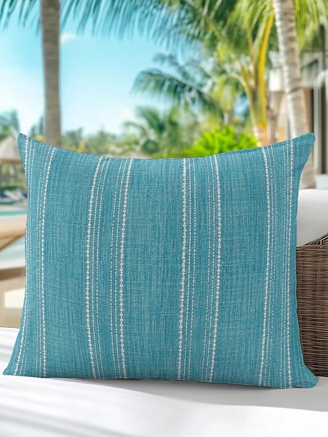 Waterproof Outdoor Pillow 1 Pack Turquoise Linen Stripes Decorative Throw Pillows Cover & Insert 16x16 Inch Pillowcase Parallel Vertical Lines Pillows for Couch Sofa Bed Patio Furniture Indoor Outdoor