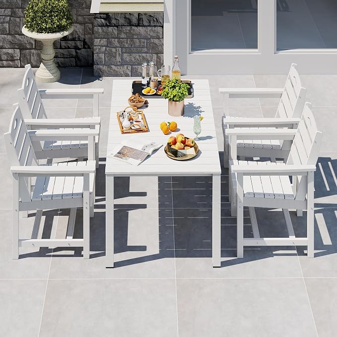 Domi HDPE Outdoor Dining Set, All-Weather 5 Piece Outdoor Dining Table Set with 2" Umbrella Hole, Outdoor Patio Dining Set for Garden, Poolside, Backyard, Deck, White