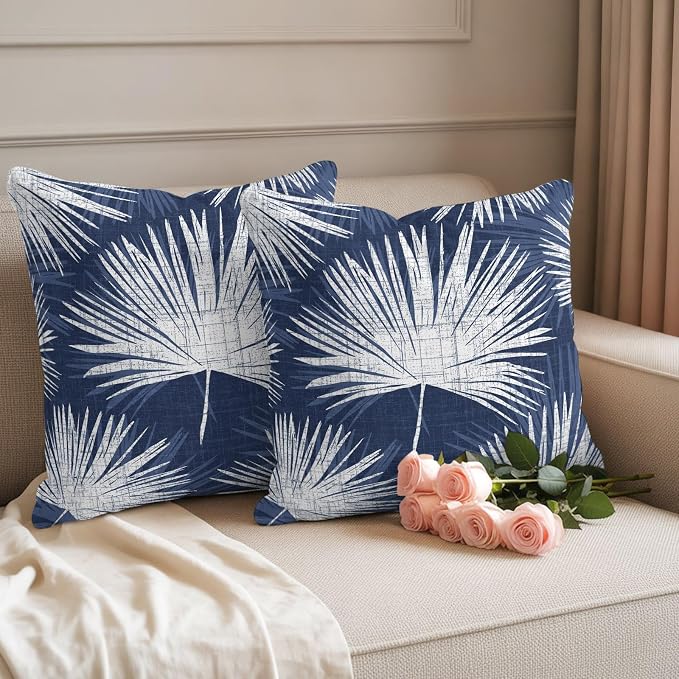 Throw Pillow Covers 18x18 Inch Set of 2, Navy Blue Palm Leaves Coastal Waterproof Outdoor Pillow Covers, Summer Tropical Botanical Decorative Cushion Pillowcases for Couch, Sofa, Bed, Garden, Patio