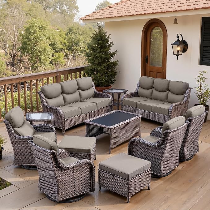 Belord Luxury 6" Thick Cushioned 11 Pieces Patio Furniture Set with Outdoor Couch, Wicker Outdoor Conversation Set with High Back Swivel Rocker Chairs for Deck Porch Yard and Poolside - Brown+Grey