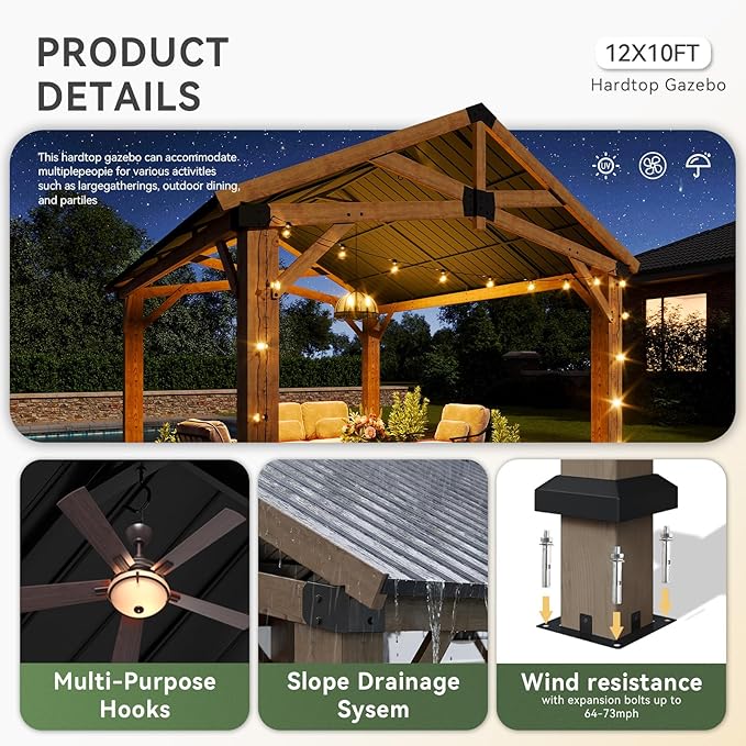 Aoxun 10' x 12' Outdoor Wood Gazebo with 20" Ceiling Fan with Light, Hardtop Gazebo Permanent Wooden Pavilion with Galvanized Steel Gable Roof, for Patio, Garden, Backyard, Cedar Wood