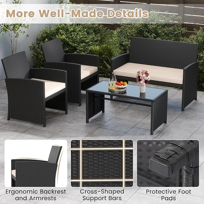 Tangkula 8 Pieces Patio Wicker Furniture Set, Outdoor Heavy Duty Rattan Cushioned Chairs, Loveseat and Tempered Glass Coffee Table, for Backyard, Balcony, Poolside (2, Off White)