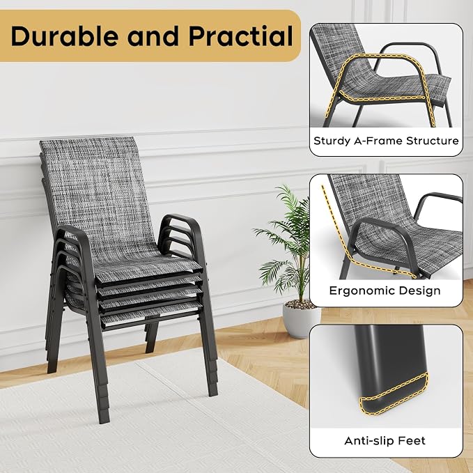 Outdoor Patio Dining Set for 4, 5 Pieces Patio Table and Chairs Set with Umbrella Hole, 41"x 41" Round Metal Wood-Grain Dining Table Set with 4 Stackable Patio Chairs for Deck , Backyard, Porch