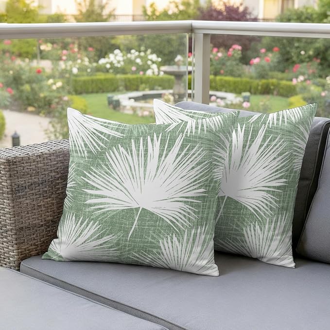 Throw Pillow Covers 16x16 Inch Set of 2, Sage Green Palm Leaves Coastal Waterproof Outdoor Pillow Covers, Summer Tropical Botanical Decorative Cushion Pillowcases for Couch, Sofa, Bed, Garden, Patio