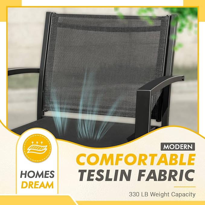 Greesum 3 Pieces Patio Furniture Outdoor Bistro Set Textilene Fabric Chairs for Lawn, Garden, Balcony, Poolside with A Glass Coffee Table, Black