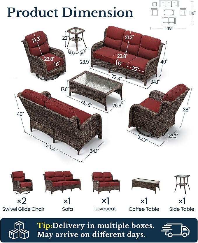 HILLGA Luxury Outdoor Patio Furniture Set with 6-Inch Thick Cushions,High Back Wicker Swivel Rocker Chairs, 6 Pcs All Weather Conversation Set for Large Deck, Yard and Poolside, Burgundy (V3)