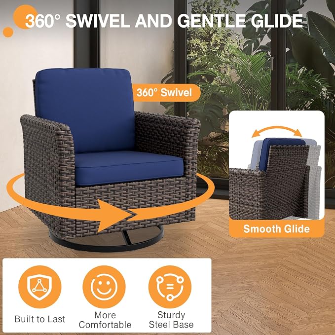 COOS BAY Harbor Retreat 5 Piece Outdoor Furniture Set, Patio Conversation Set with Swivel Rocking Chairs, 2 Seat Loveseat and Ottomans, Wicker Furniture, Brown/Blue