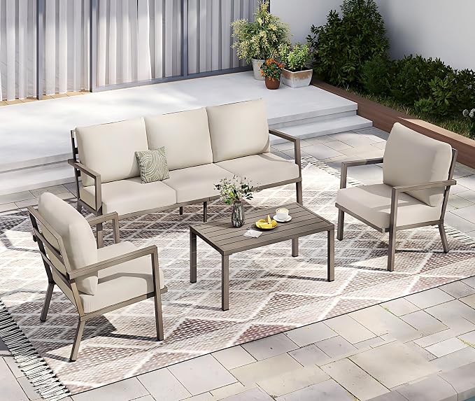 HAPPATIO Aluminum Patio Furniture Set, 4 Pieces Conversation Set with Thick Cushions and Coffee Table, All Weather 3-Seat Sofa Waterproof and Rustproof for Garden, Backyard, Porch, Grey