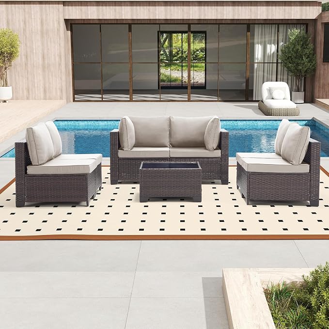 Bonzy Home 7 Pieces Outdoor Patio Furniture Set, PE Rattan Outdoor Sectional Furniture Sofa Set with Removable Cover and Glass Coffee Table, Patio Sofa for Balcony, Porch, Garden, (Brown-Grey)