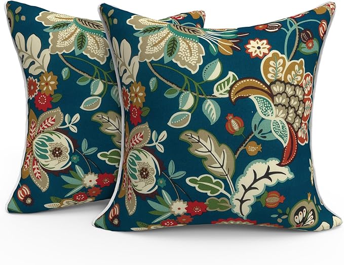 Outdoor Throw Pillow Covers Pack of 2, Decorative Water Repellent Square Pillow Cases with Piping 18x18 Inch, Peacock Blue
