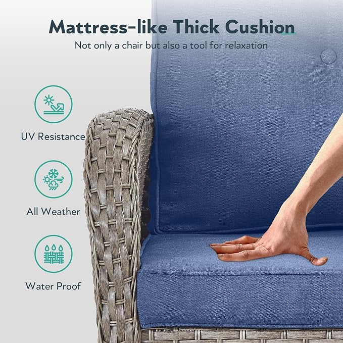 Outdoor Swivel Glider Rocker Chairs Set- 5 Piece Patio Furniture Set, Patio Bistro Sets with Tempered Glass Side Table and 2 Ottoman, for Balcony, Porch - Grey Wicker Blue Cushion