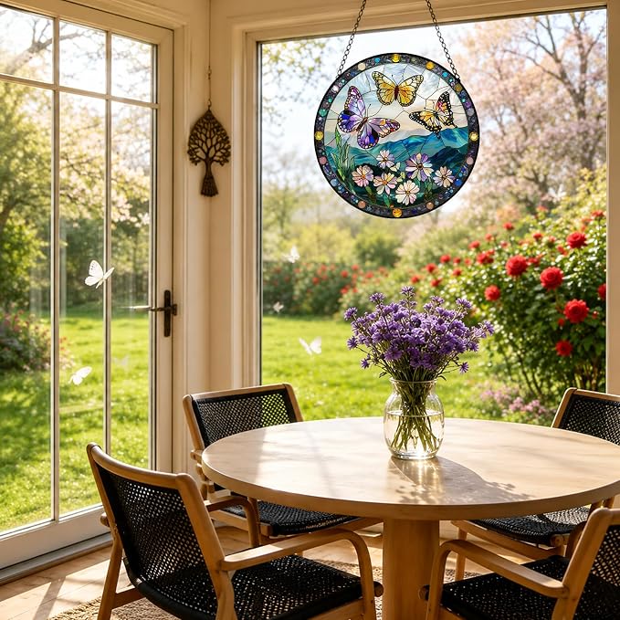 Stained Glass Butterfly Suncatcher Window Hanging Birthday Gifts for Women | 6.3in Garden Sun Catcher, Butterflies Wildflowers Home Decor, Memory Gift for Mom Grandma & Mother's Day, Christmas Ornament