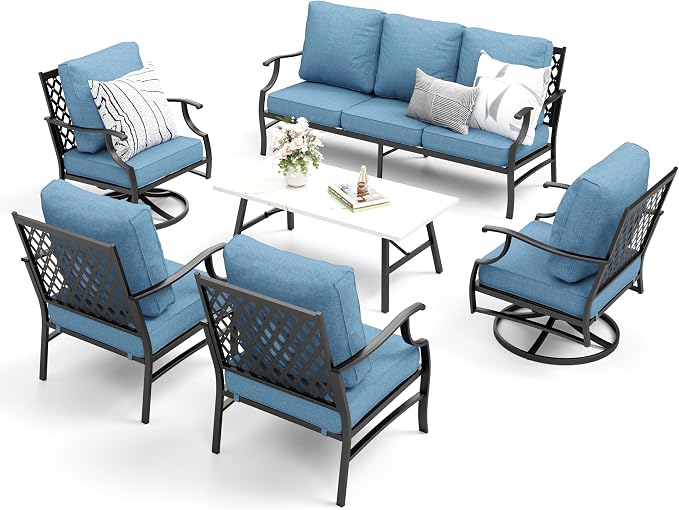 MIXPATIO Patio Furniture Set 6 pcs, Outdoor Patio Furniture, 1 X 3-Seat Sofa, 2 X Single Chairs, 2 X Swivel Chairs, 1 X Coffee Table and 5.75" Extra Thick Cushion, Patio Conversation Set,Navy Blue