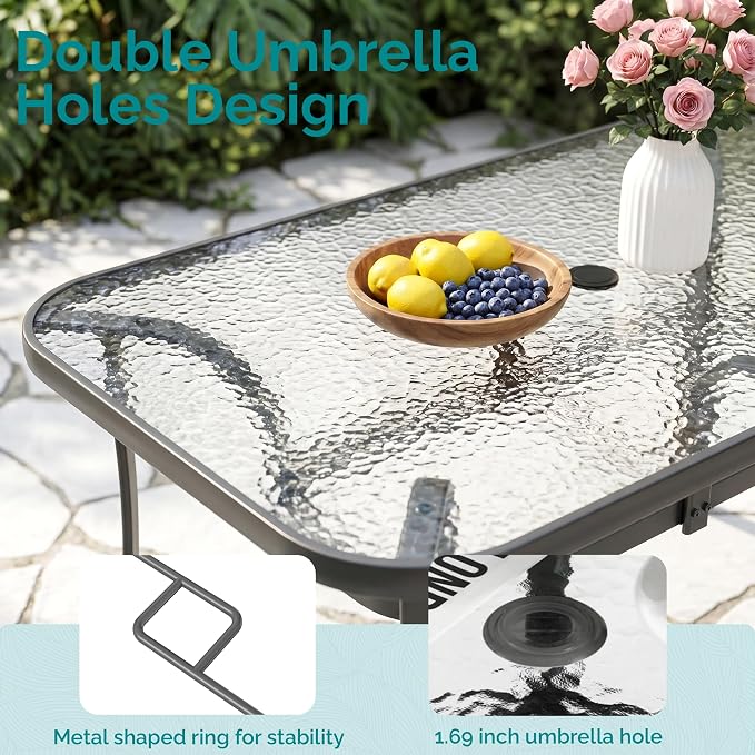 MAMIZO 7 Pieces Patio Dining Set for 6, Outdoor Table and Chairs w/Rectangle Glass Table and 6 Textilene Stackable Chairs, Patio Furniture Set w/1.69" Umbrella Hole (Grey Table & Navy Blue Chair)