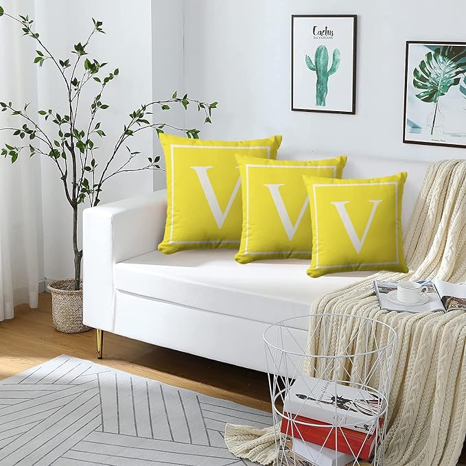 Monogram Initial Lemon Yellow Outdoor Pillow Covers 18 x 18inches Decorative Pillow Case for Sofa Couch Bed (Pillow Insert Not Include)