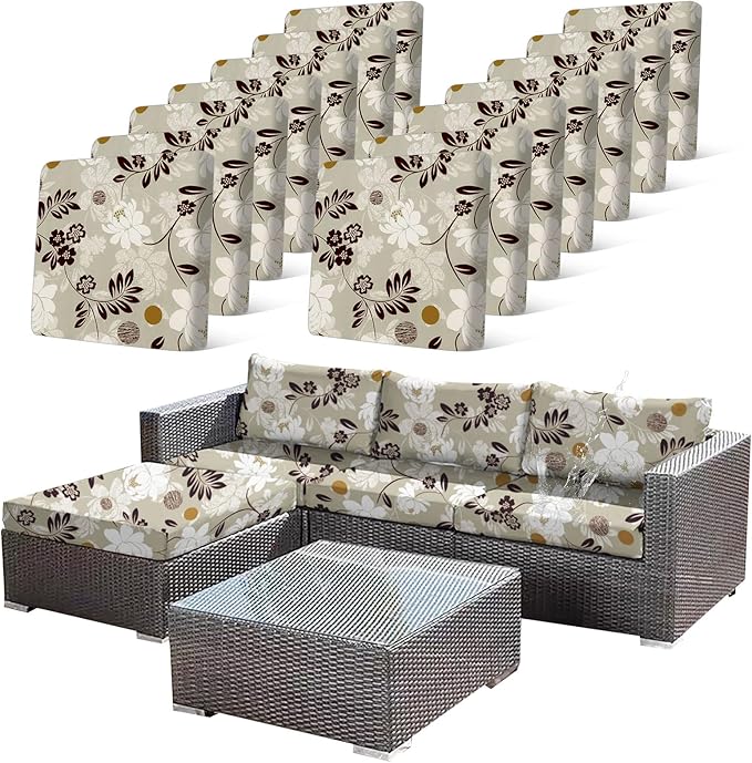 CALBODE 14 Pcs Waterproof Patio Cushion Covers, Floral Printed Stretch Outdoor Sofa Cover for Patio Furniture, Washable Chair Covers Reusable Furniture Protector for Fall Decor (Brown, Cover Only)
