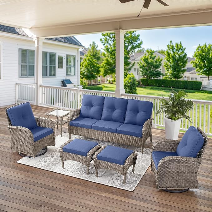 Belord Outdoor Ottomans for Patio Foot Rest - 25 Inch PE Wicker Foot Stool Set of 2 for Patio Furniture Sets,All Weather Rattan Ottoman for Balcony Deck Backyard Brown Gray