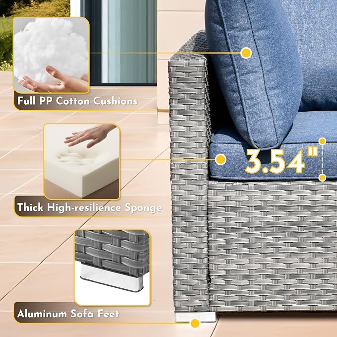 Weaxty 5 Pieces Patio Furniture Sets,Wicker Outdoor Sectional Sofa with Thicken Cushion and Rattan Coffee Table,Patio Conversation Couch Set for Porch, Balcony,Yard, Poolside,Denim Blue