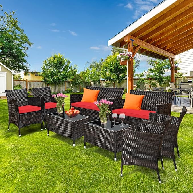 8 Pieces Patio Sofa Set, Wicker Conversation Set with Ergonomic Curved Backrest, Water-Resistant Cushion & Tempered Glass Table for Balcony, Porch (Red)