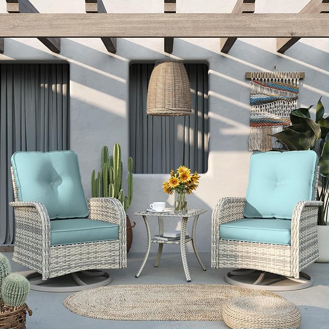9-Piece Patio Rocking Swivel Chair Outdoor Wicker Rattan Bistro Set with Tempered Glass Side Table, Outdoor Patio Furniture Set for Garden, Deck, and Balcony, Light Blue