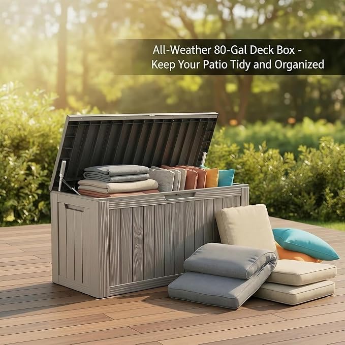80 Gallon Resin Deck Box, Outdoor Container for Patio Furniture Cushions, Garden Tools, Pool Accessories & Yard Equipment - All-Weather, Lockable, Wood Grain Design
