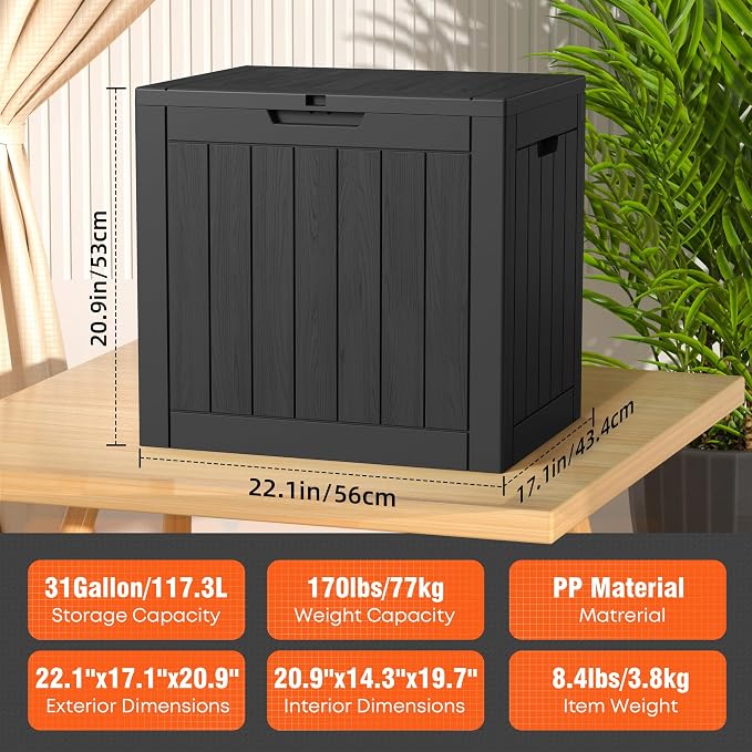 Deck Box Large Outdoor Storage for Patio Furniture,Outdoor Cushions,Garden Tools and Pool Supplies,Waterproof,Resin,Lockable (Black, 36 Gallon)