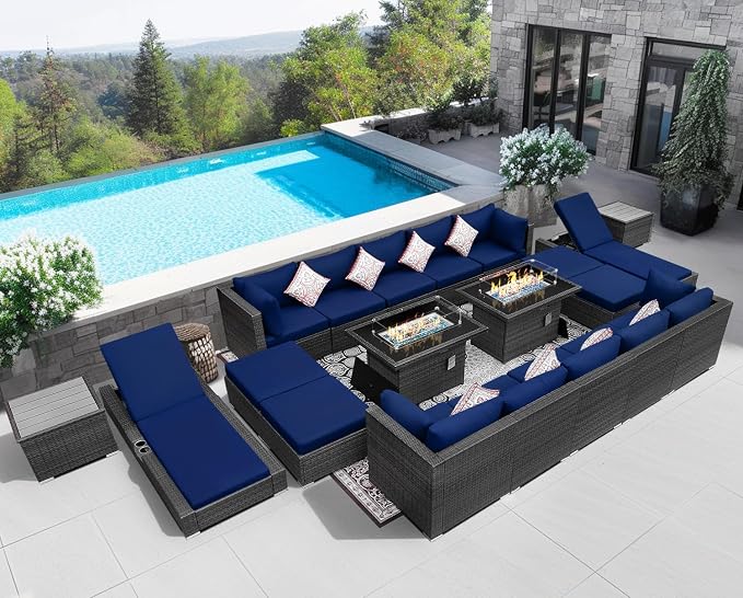NICESOUL 20 Piece Extra Large Patio Furniture Set w/Fire Pit Table & Chaise Lounge, Modern Luxury Outdoor Group Seating w/Firepit, Comfortable 29.3" High-Back Sectional Couch Deep Seat, Gray & Blue