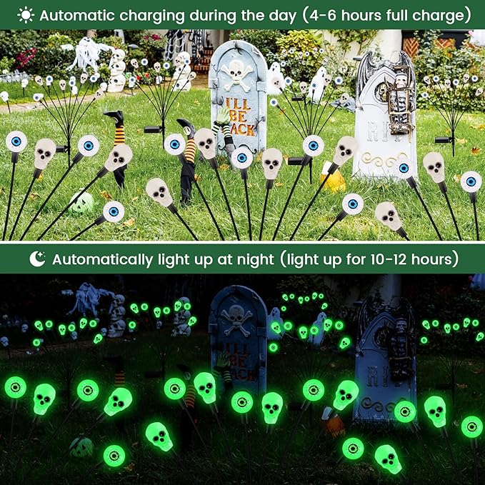 FENSAN Solar Halloween Lights Outdoor,Halloween Decorations Outdoor, Scary Eyeball Lights,2PACKS 16LED,IP65 Waterproof, Decor for Garden/Yard/Patio/Lawn/Pathway(Green)