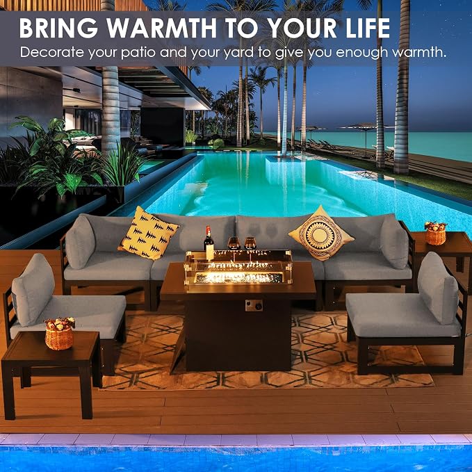 RADIATA 9 Piece Modular Outdoor Furniture Set with Fire Pit Table & Side Table, 29" Deep Wide Sectional Seating, Heavy Duty Aluminum Frame for 500 lbs, Patio Conversation Set for Poolside, Light Gray