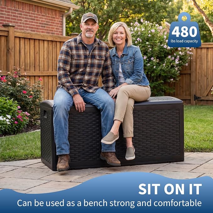 Jojoka 73 Gallon Lockable Resin Deck Box – Waterproof & UV-Resistant Outdoor Storage Bench – Rattan Style, Weatherproof, Side Handles – Patio Cushions, Garden Tools, Pool Accessories – Black, Webbing