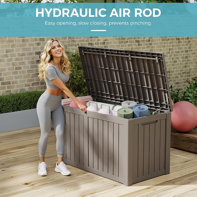 NUNU LAB 151 Gallon Outdoor Storage Box,Resin Large Sturdy Deck Box, Backyard Outside Storage Box Waterproof with Double Wall Panels,Package Delivery Garden Outdoor Hose Storage Bin,Grey