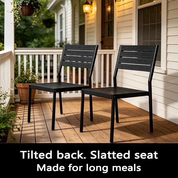 9-Piece Outdoor Dining Set for 8 Person with Black Wood-Grain Top | Armless Stackable Chairs with 19.4" Seat Depth, Aluminum Frame Dining Furniture with Umbrella Hole for Deck, Porch & Backyard