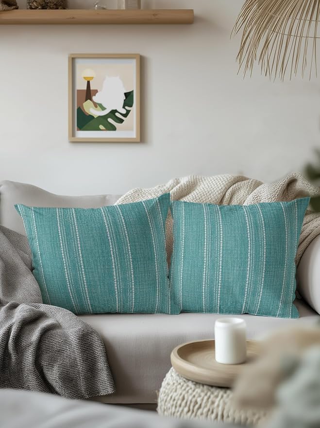 Waterproof Outdoor Pillow 1 Pack Teal Linen Stripes Decorative Throw Pillows Cover & Insert 18x18 Inch Pillowcase Parallel Vertical Lines Pillows for Couch Sofa Bed Patio Furniture Indoor Outdoor