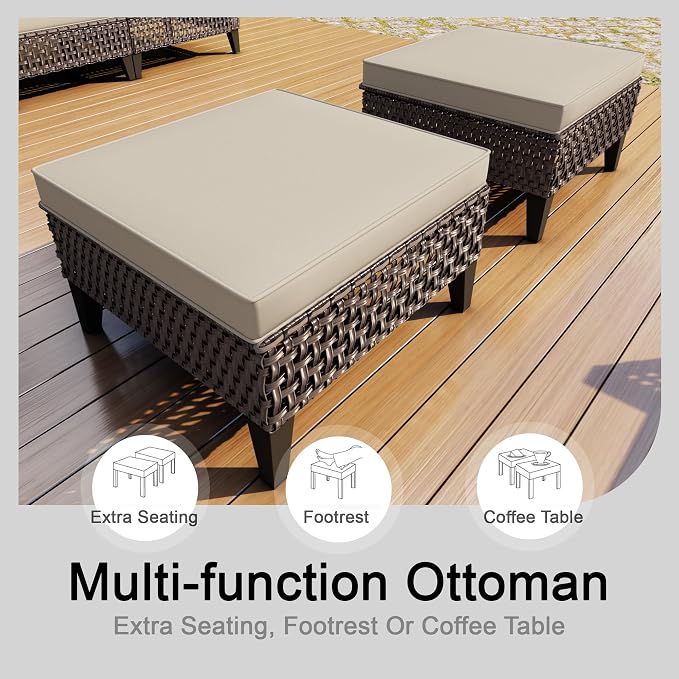 7 Pieces Patio Furniture Set, Outdoor Conversation Sets with Footstool, Wicker Rattan Sofa Couches Chairs Ottomans for Porch, Poolside, Deck, Balcony, Backyard, Yard, Garden (Beige Cushions)
