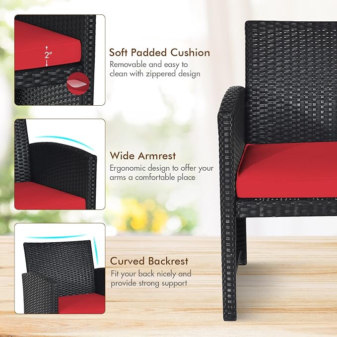DORTALA 8 Pieces Patio Wicker Conversation Furniture Set, Outdoor Rattan Sofas with Bistro Sets with Coffee Table for Courtyard Balcony Wicker Chairs with Soft Cushion and Table, Red