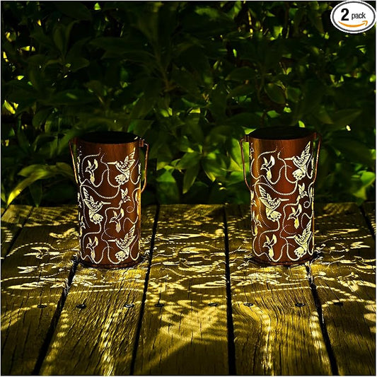2 Pack Solar Lanterns Outdoor Hanging Hummingbird Decor Lantern,Waterproof Hollow Out Metal Decorative Garden Light,Graceful Decoration for Patio,Yard,Landscape,Festival