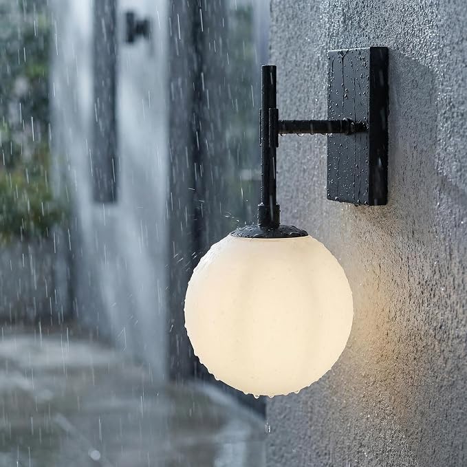 Hyunbae 18.1" Dusk to Dawn Outdoor Wall Sconce, Black Modern Exterior Light | White Globe Glass Shade, E26 Front Porch Light, Photocell Sensor, Garage Patio Entryway Use, IP65 Wall Mount Waterproof