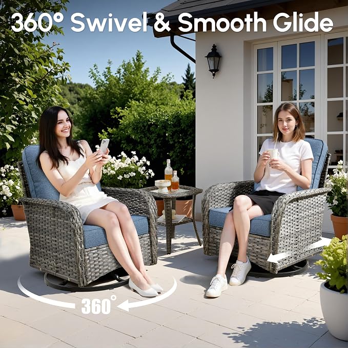Wicker Rocking Chair Swivel Chairs - 3 Piece Rocker Glider Patio Chairs Set Rattan Rocking Chair for Outdoor Porch Deck Garden Backyard,Blue