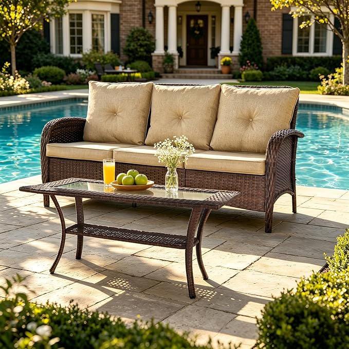 YLGJ&TIDY Outdoor Furniture 2PCS Set All-Weather Brown Wicker Patio Conversation Set 3 Seater Rattan Sofa Glass Coffee Table for Garden Backyard Porch Balcony w/Thick Cushions (Khaki,2PCS Sofa/Table)