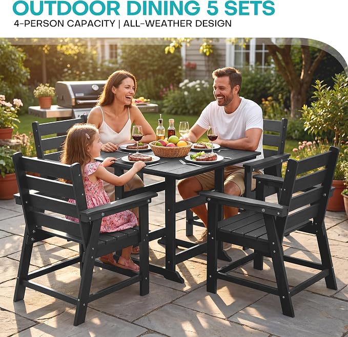 5 Piece Patio Dining Set, HDPE All-Weather Furniture with 4 Chairs & 1 Square Table, for Backyard, Garden, Garden, Black