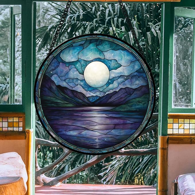 DASTOLL Stained Glass Window Hanging, Blue Night Moon Lake Sun Catchers Colorful Glass Panel Landscape Suncatcher Decor for Birthday for Women, Men, Wife, Aunt, and Mom 14.9x14.9 in