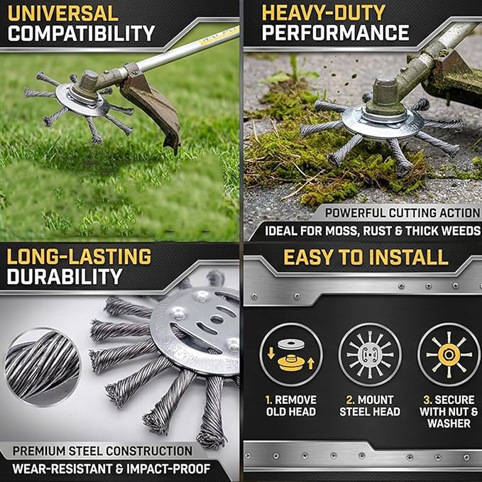 Voltriox Trimmer Head for Weed Eater, Heavy Duty Wire Brush Cutter Attachment with Adapter Kit, Weed Removal Tool for Grass, Moss, Pavement Cracks and Yard Maintenance, Fits Trimmers (1PC)