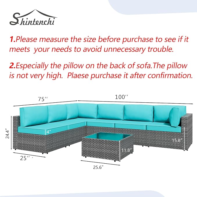 7 Piece Outdoor Patio Furniture Set, Silver Rattan Wicker Sectional Sofa, All Weather Conversation Set with Washable Cushions & Glass Coffee Table for Backyard Poolside Garden Porch,Blue