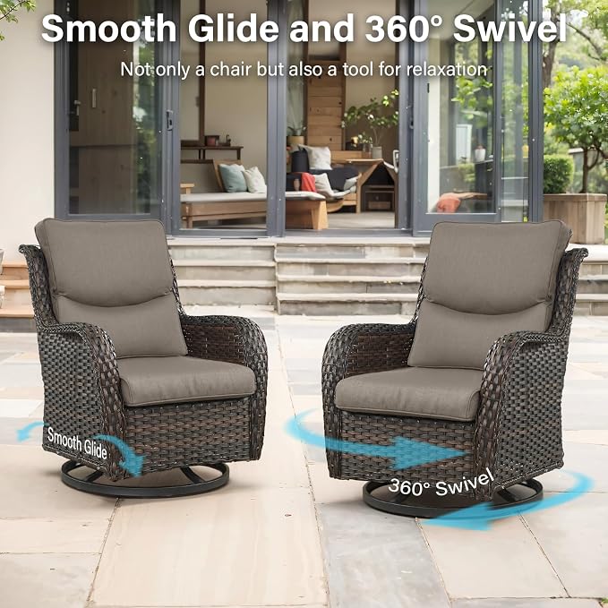 Outdoor Swivel Rocker Patio Chairs Set of 4 with Ottoman Coffee Table - 5" Thick Cushion 7 Piece Furniture Set All Weather Comfortable Wicker Conversation Set for Porch Deck - Brown/Gray
