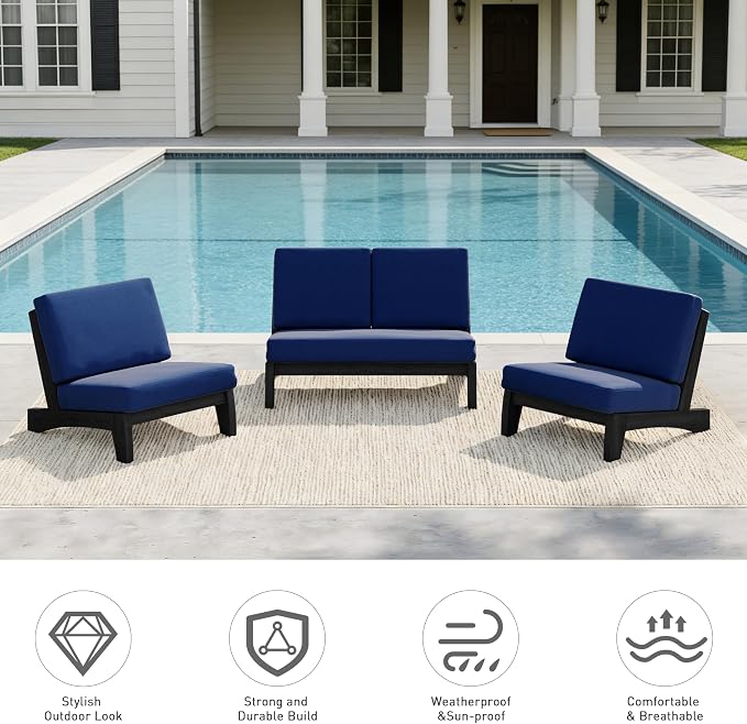 Pia Ricoo 4 Piece Patio Furniture Sets, Outdoor Loveseat Sofa Set with 2 Chairs & Coffee Table, Patio Conversation Set for Backyard, Deck, Lawn, Navy, Dark Wood