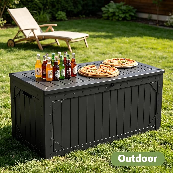 Outdoor Storage Box, 95 Gallon Deck Box Outdoor Storage Bench, Outside Waterproof Resin Storage Bench, Lockable Patio Cushions, Garden Tools Storage for Furniture, UV Resistant (Black)